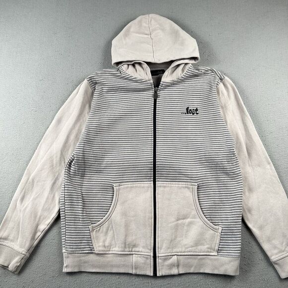 Lost Skateboard Hoodie Men’s Medium Tan Striped Full Zip Surf Sweatshirt - Picture 7 of 16